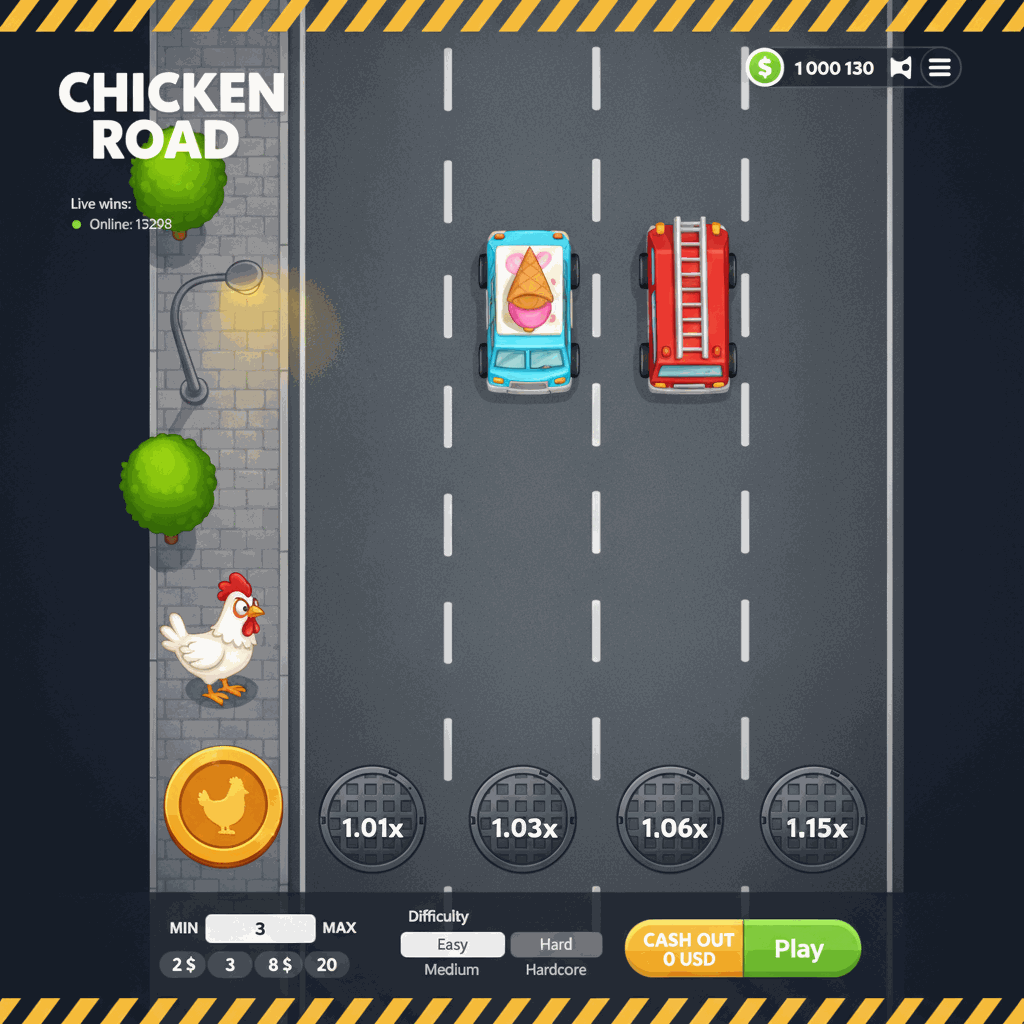 Chicken Road Crash-Spiel Hauptansicht – ein Huhn überquert eine mehrspurige Straße von oben betrachtet, jede überquerte Spur zeigt einen steigenden Multiplikator auf Kanaldeckeln, Autos bewegen sich auf den Spuren, urbane Szene mit Bäumen und Straßenlaterne links