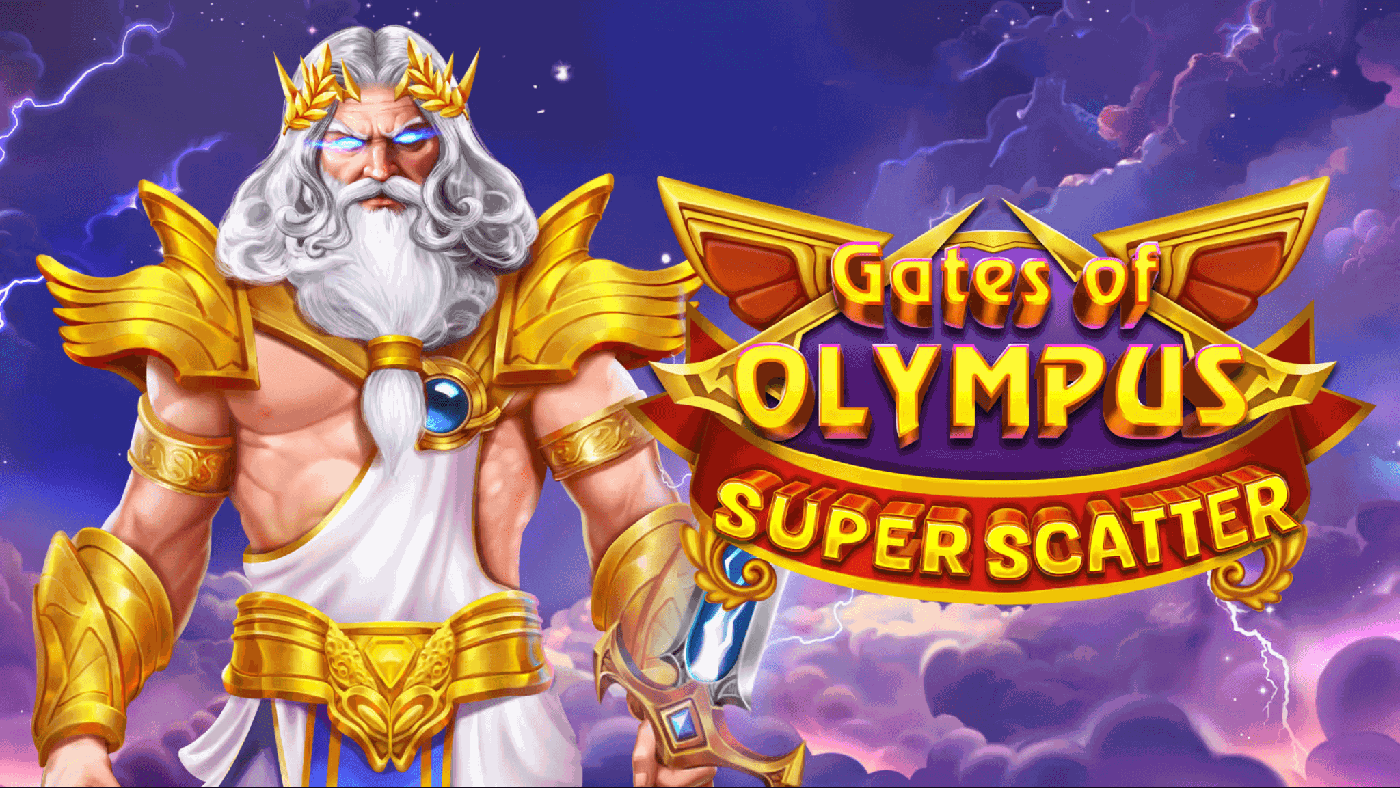 Gates of Olympus Super Scatter Slotgrafik: Zeus-Gottheit im goldenen Umhang zwischen violetten Wolken, Walzen mit Rubin-Hexagon, Saphir-Diamant und Smaragd-Dreieck-Symbolen